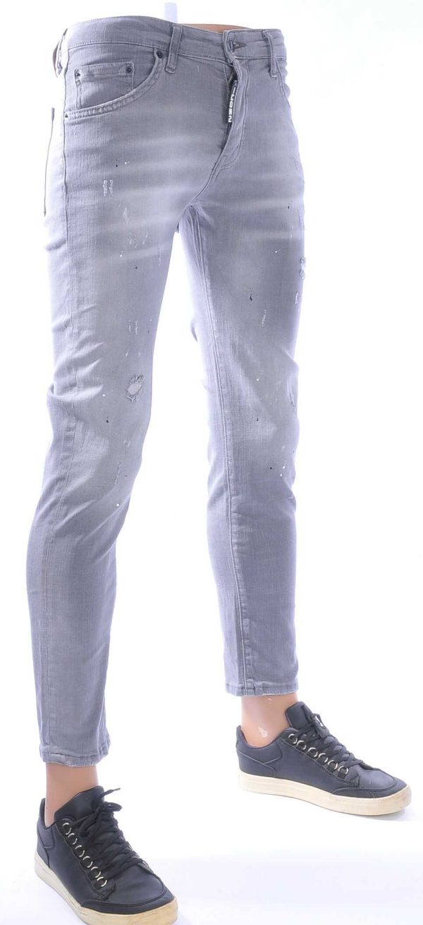 ICON2 Hippe Gescheurde Slim Fit Stretch Jeans voor Heren met Verfspatten – Donkergrijs | Trendy Slim Fit Jeans met Stretch, Casual en Chique