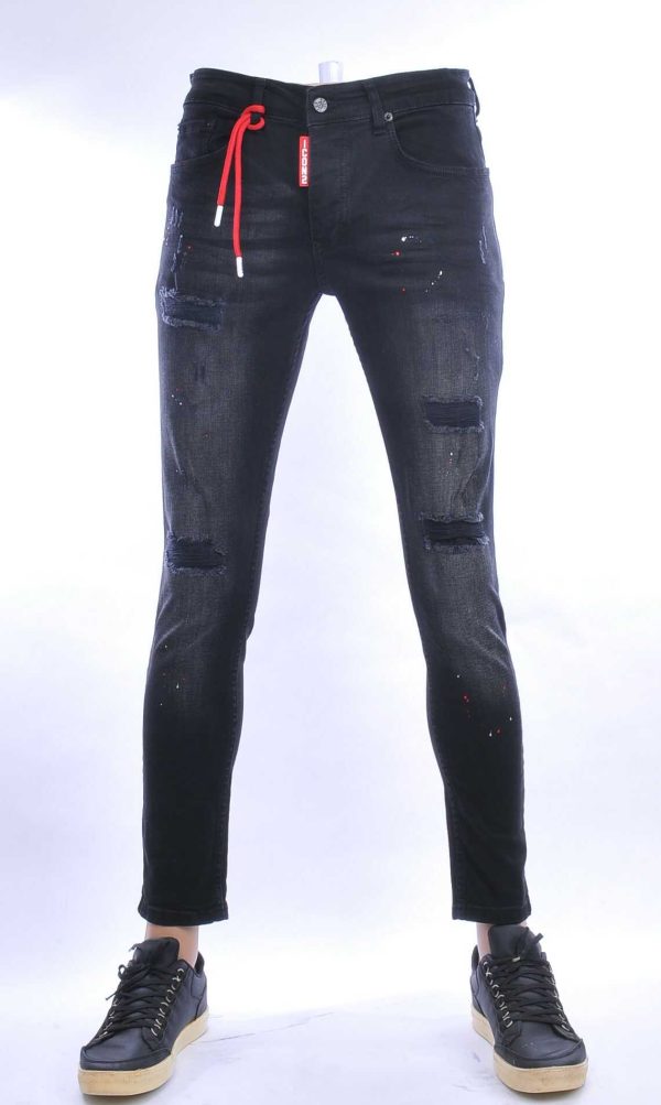 ICON2 hippie gescheurde slim fit stretch heren jeans met verfspatten Zwart