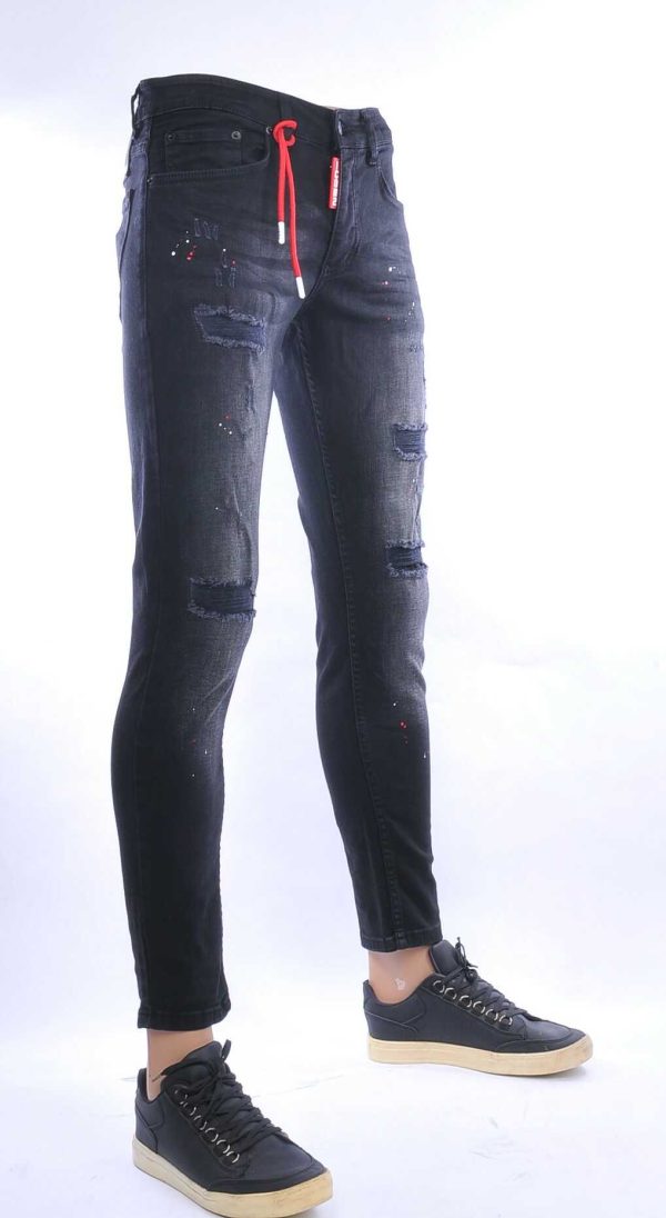 ICON2 hippie gescheurde slim fit stretch heren jeans met verfspatten Zwart