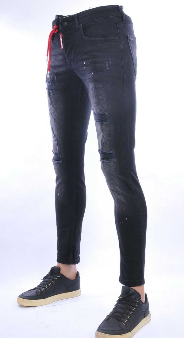ICON2 hippie gescheurde slim fit stretch heren jeans met verfspatten Zwart