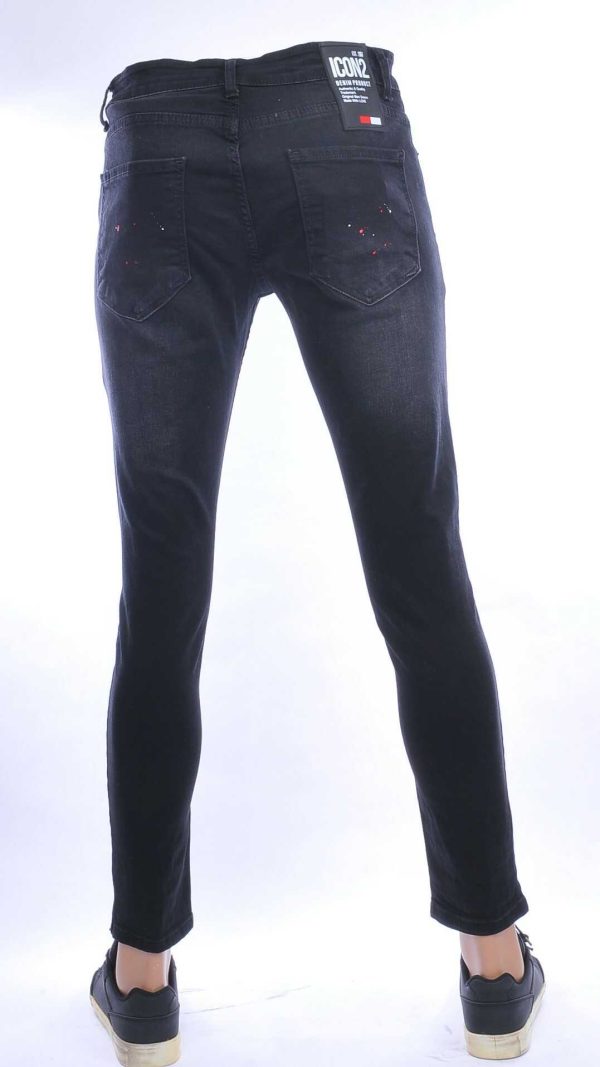 ICON2 hippie gescheurde slim fit stretch heren jeans met verfspatten Zwart