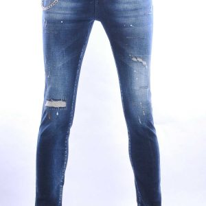 ICON2 hippie gescheurde slim fit stretch heren jeans met verfspatten Blauw