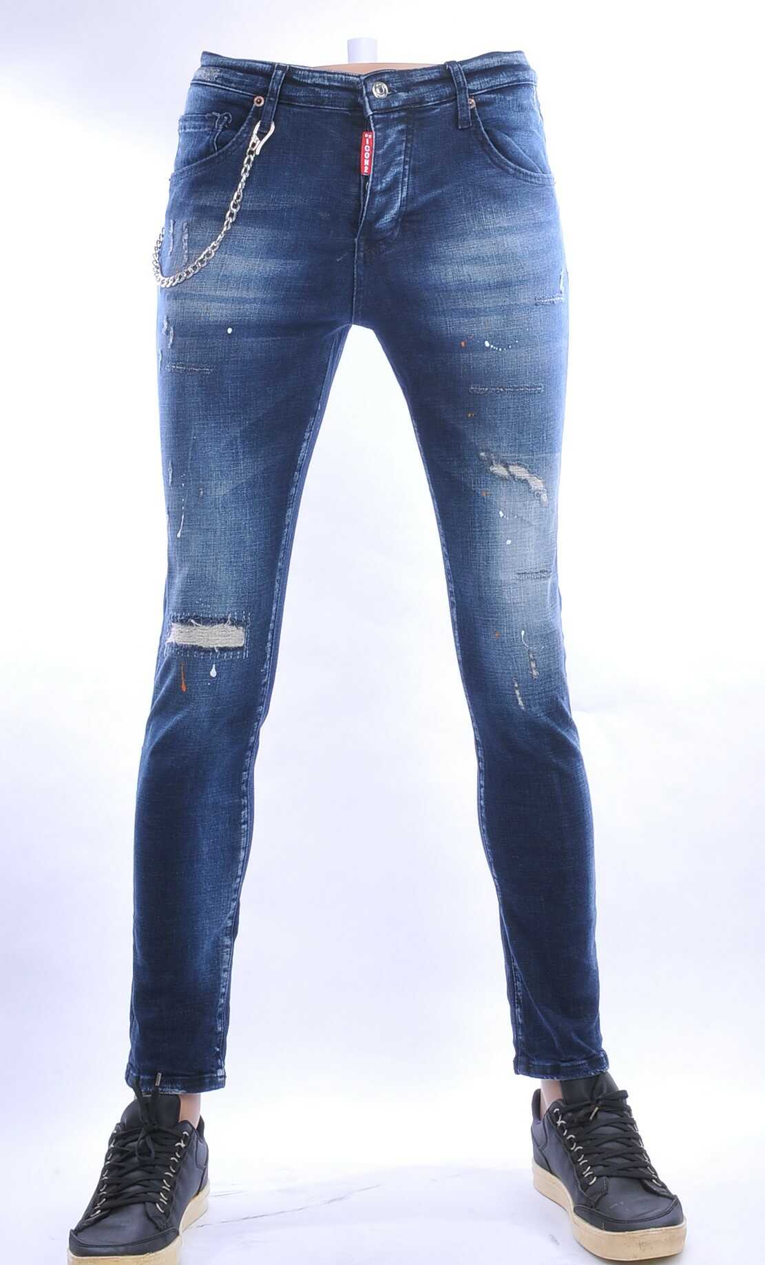 ICON2 hippie gescheurde slim fit stretch heren jeans met verfspatten Blauw