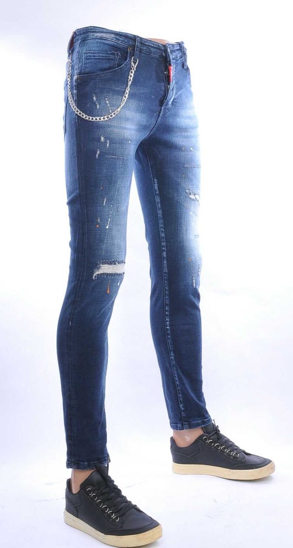 ICON2 hippie gescheurde slim fit stretch heren jeans met verfspatten Blauw