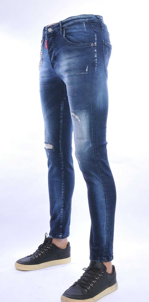 ICON2 hippie gescheurde slim fit stretch heren jeans met verfspatten Blauw