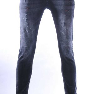 ICON2 hippie gescheurde slim fit stretch heren jeans met verfspatten Zwart