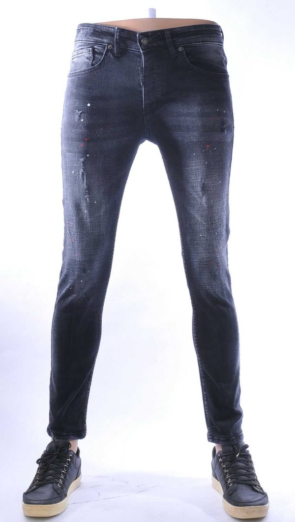 ICON2 hippie gescheurde slim fit stretch heren jeans met verfspatten Zwart