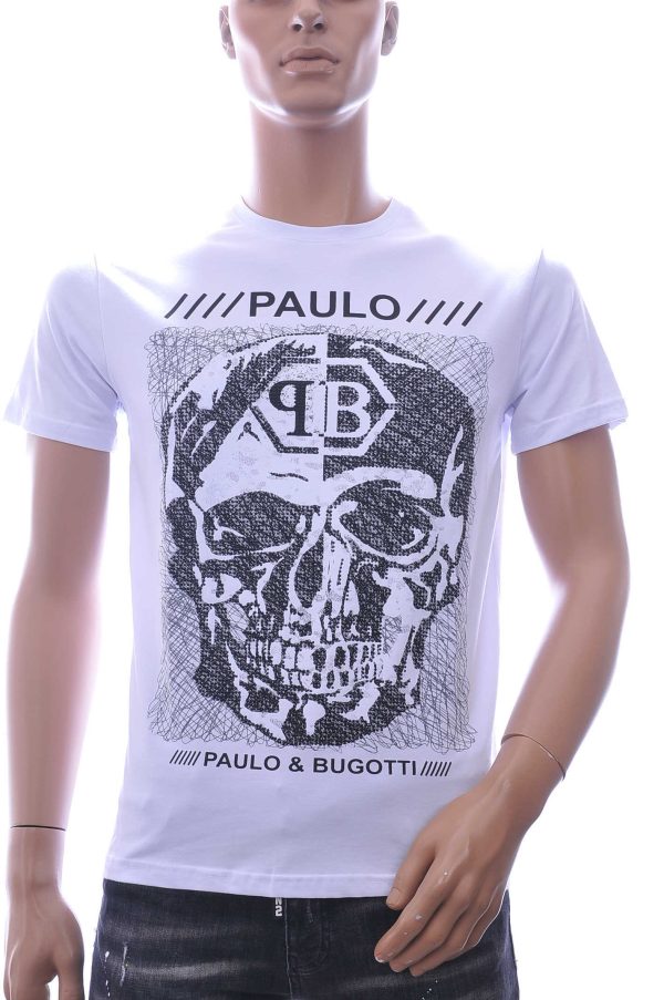 By Bugotti Trendy Ronde Hals Heren Skull T-Shirt met Steentjes – Wit | Zomer T-Shirt voor Mannen | Comfortabel en Stijlvol