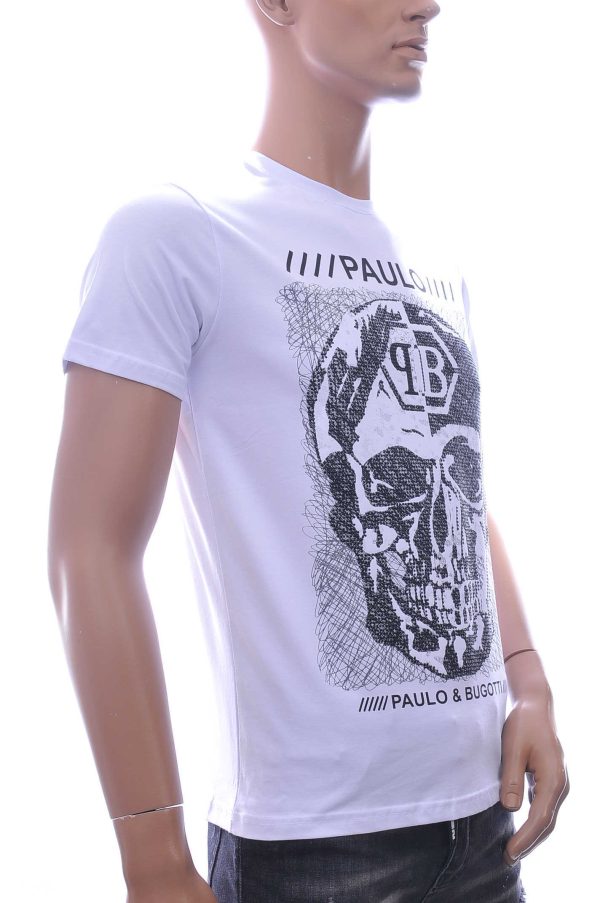 By Bugotti Trendy Ronde Hals Heren Skull T-Shirt met Steentjes – Wit | Zomer T-Shirt voor Mannen | Comfortabel en Stijlvol