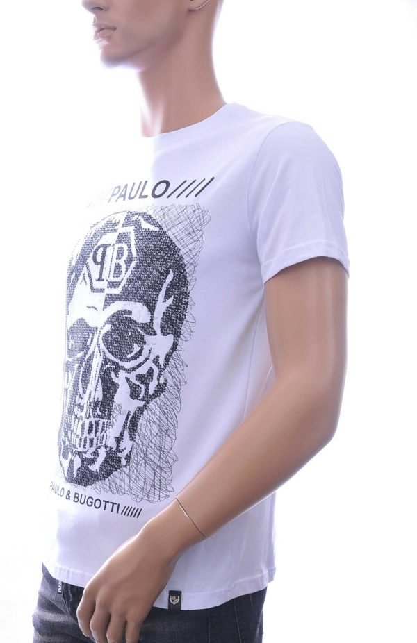 By Bugotti Trendy Ronde Hals Heren Skull T-Shirt met Steentjes – Wit | Zomer T-Shirt voor Mannen | Comfortabel en Stijlvol
