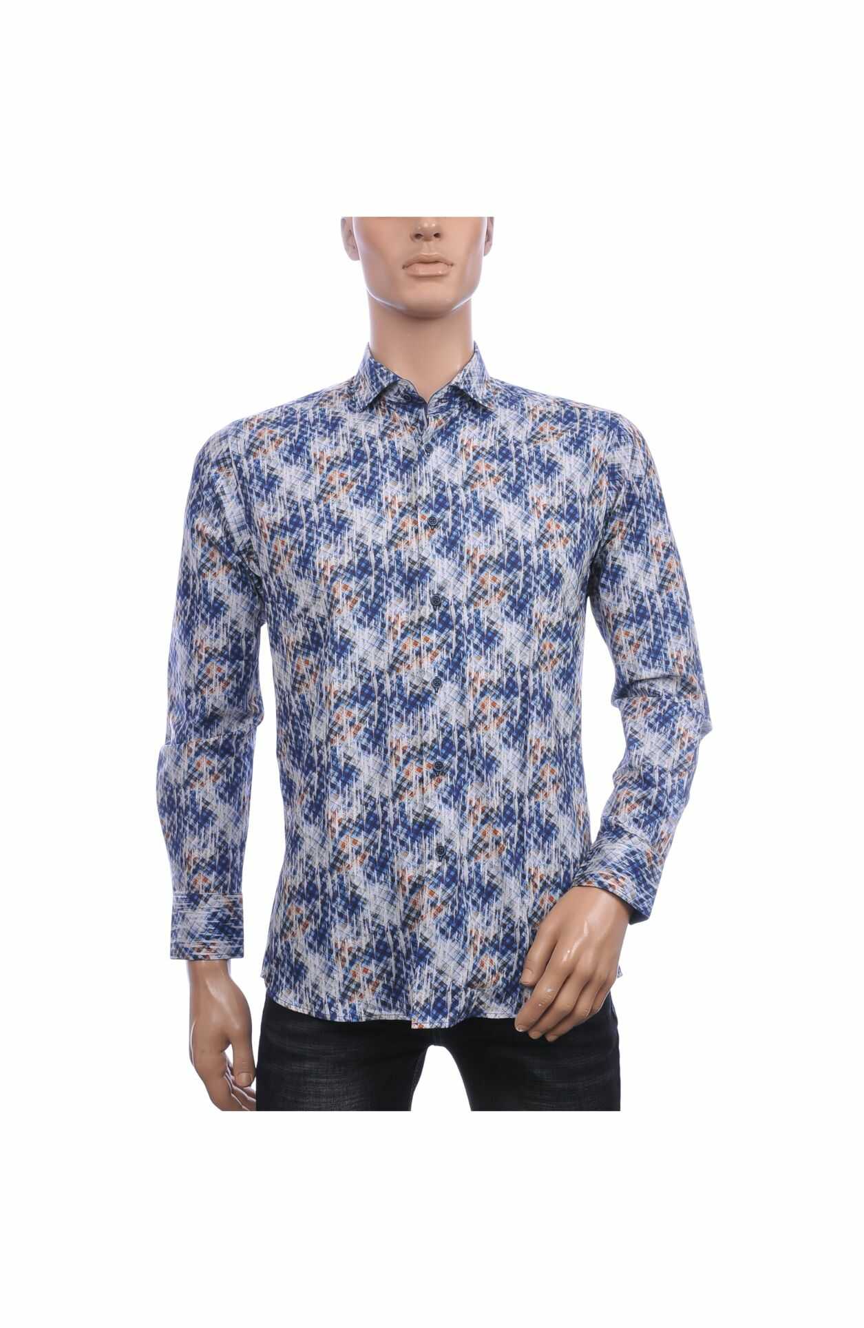 Corrino Italiaans Getailleerd Slim Fit Allover Blokjes Dessin Heren Overhemd – Navy