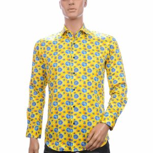 Corrino heren overhemd, slim fit bloemen overhemd heren, geel heren overhemd katoen, Italiaans heren overhemd, allover dessin overhemd, trendy heren overhemd, Corrino overhemd kopen, heren overhemd slim fit katoen, bloemen overhemd heren aanbieding, online overhemd bestellen