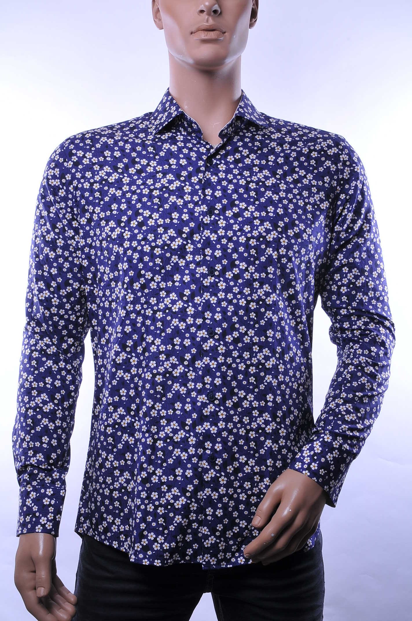 CORRINO Italiaanse slim fit allover bloemen dessin heren overhemd Navy