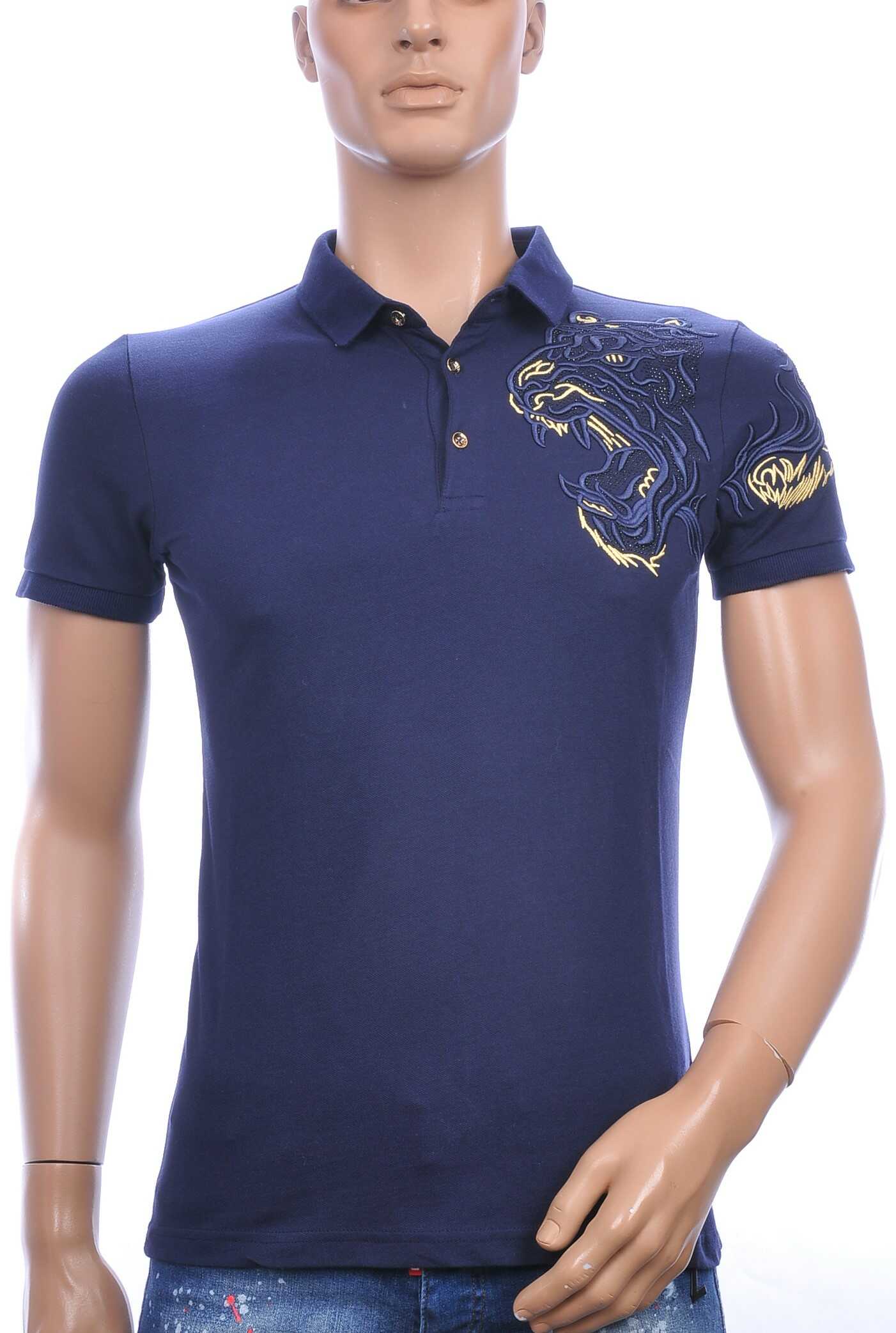 Les Designers Polo T-Shirt met geborduurde tijgerkop Navy