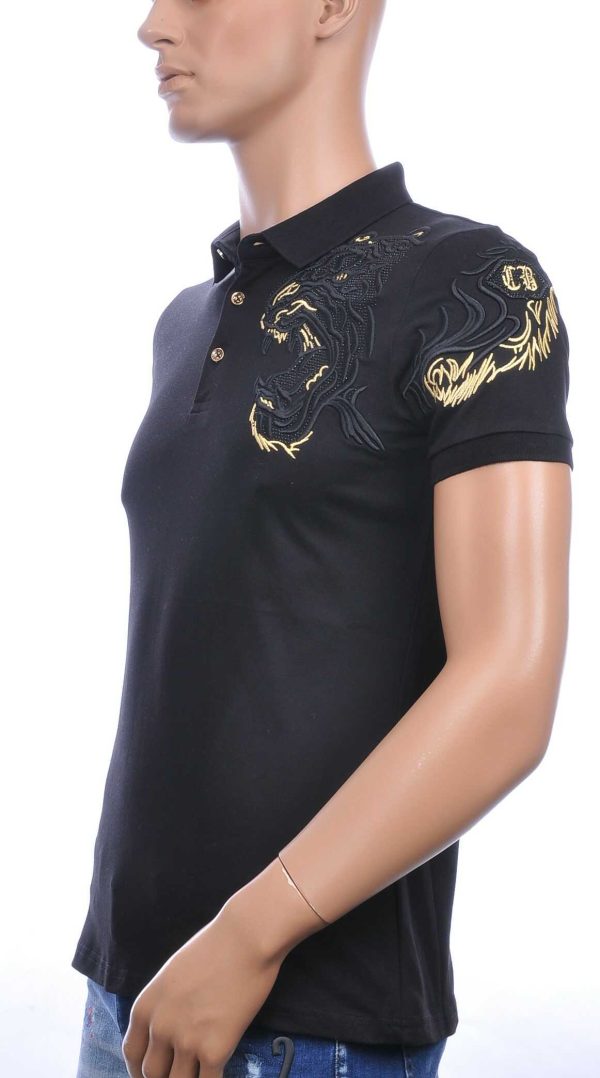 Les Designers Polo T-Shirt met geborduurde tijgerkop Zwart