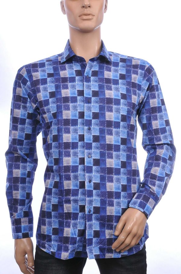 Corrino Italiaanse getailleerd slim fit allover blokjes dessin heren overhemd Navy