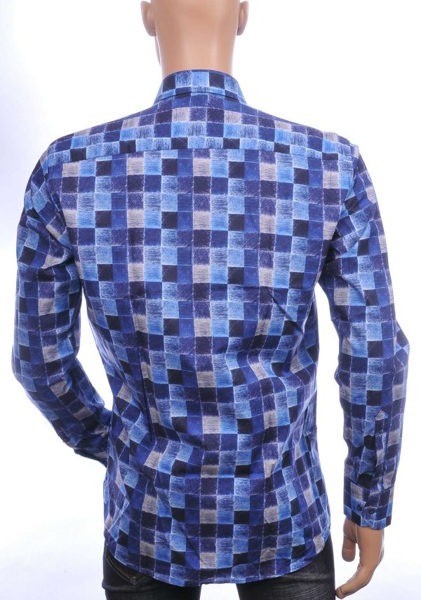Corrino Italiaanse getailleerd slim fit allover blokjes dessin heren overhemd Navy