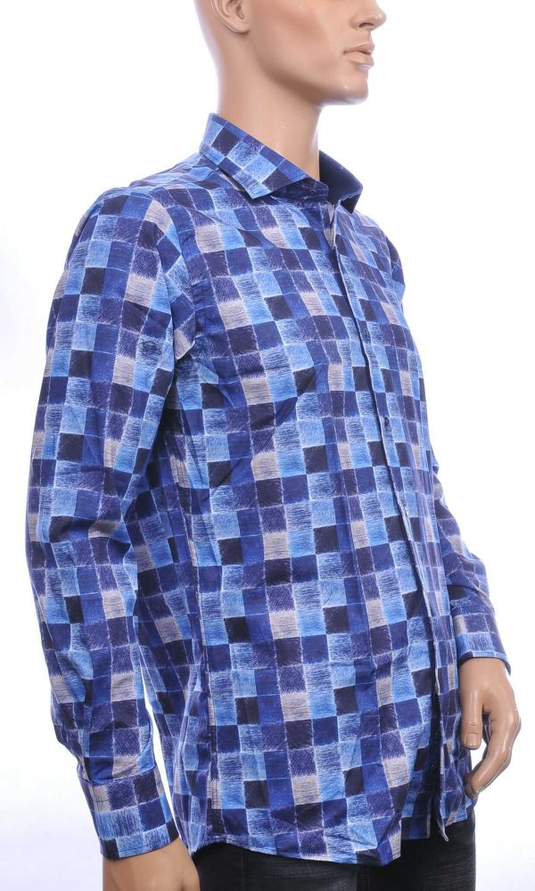 Corrino Italiaanse getailleerd slim fit allover blokjes dessin heren overhemd Navy