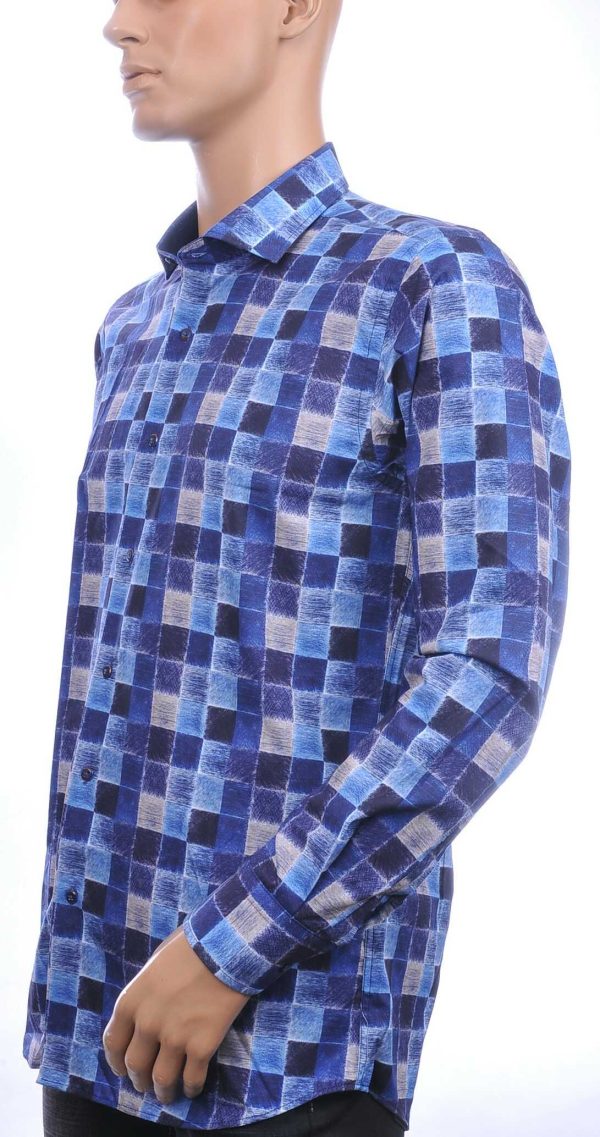 Corrino Italiaanse getailleerd slim fit allover blokjes dessin heren overhemd Navy