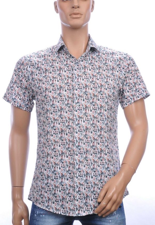Ferlucci slim fit allover palmbomen dessin korte mouwen heren Hawaii overhemd Beige