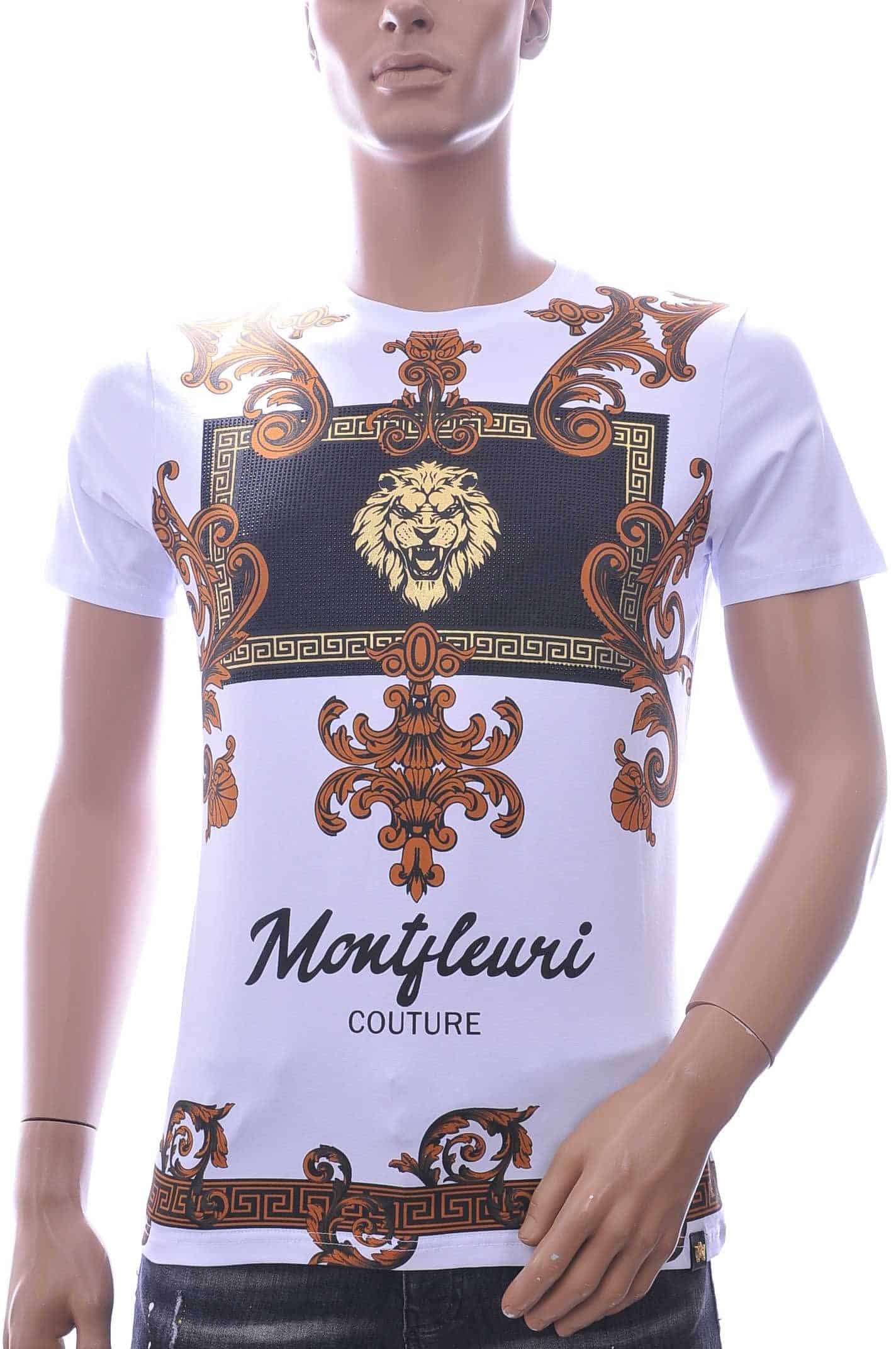 MONTFLEURI ronde hals leeuwenkop print T-shirt met steentjes Wit