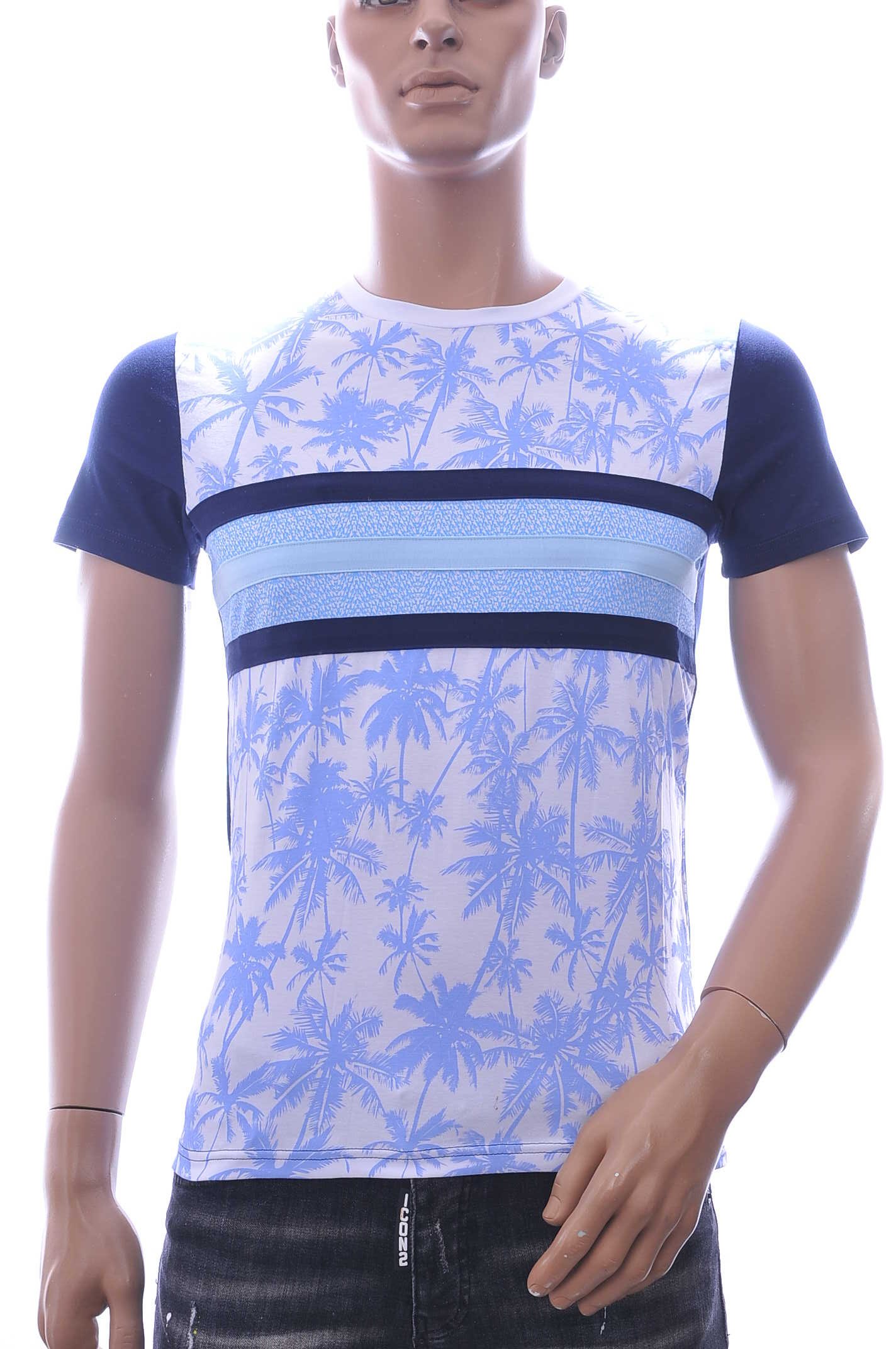 Club-Ju Hawaii T-Shirt met Ronde Hals en Palmbomen Print – Blauw