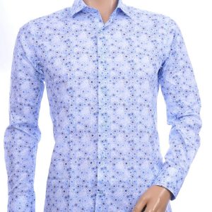 Corrino Italiaanse getailleerd slim fit allover virussen motieven dessin heren overhemd Blauw