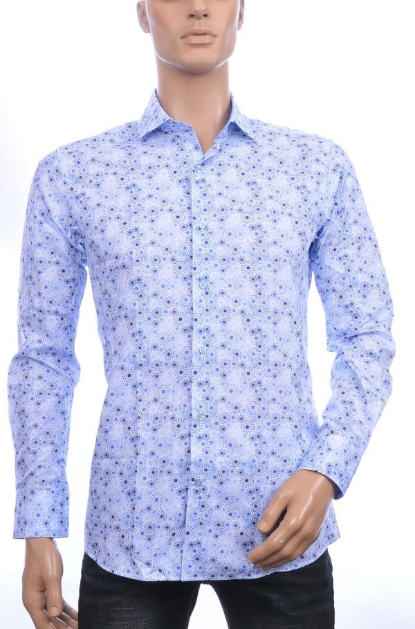 Corrino Italiaanse getailleerd slim fit allover virussen motieven dessin heren overhemd Blauw