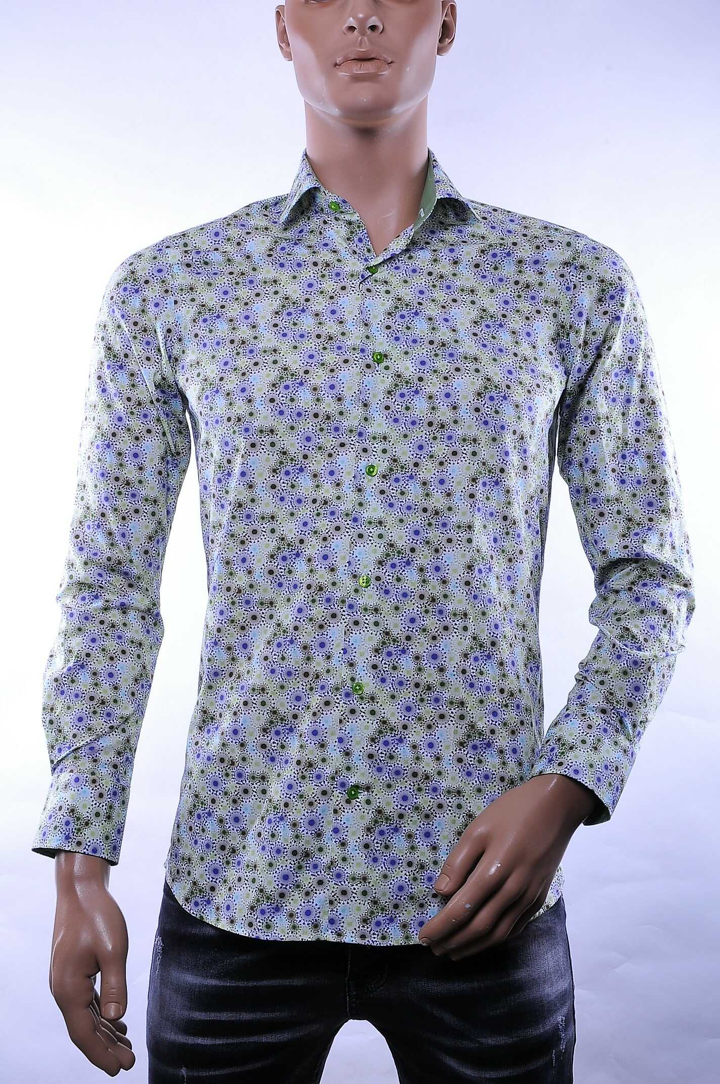 Corrino Italiaanse getailleerd slim fit allover virussen motieven dessin heren overhemd Groen