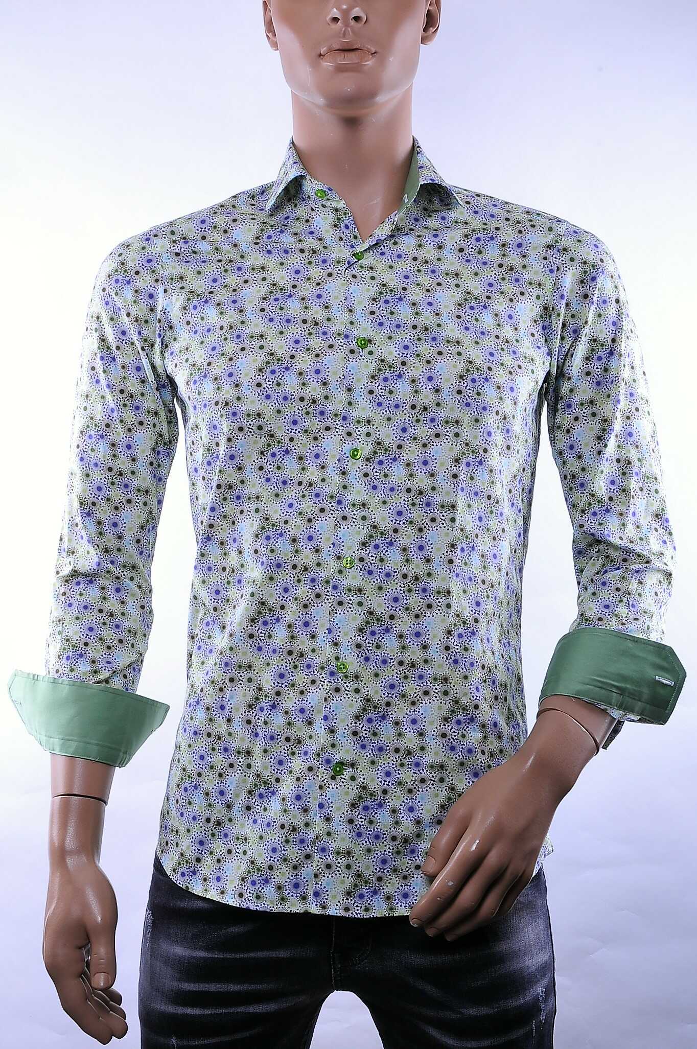Corrino Italiaanse getailleerd slim fit allover virussen motieven dessin heren overhemd Groen
