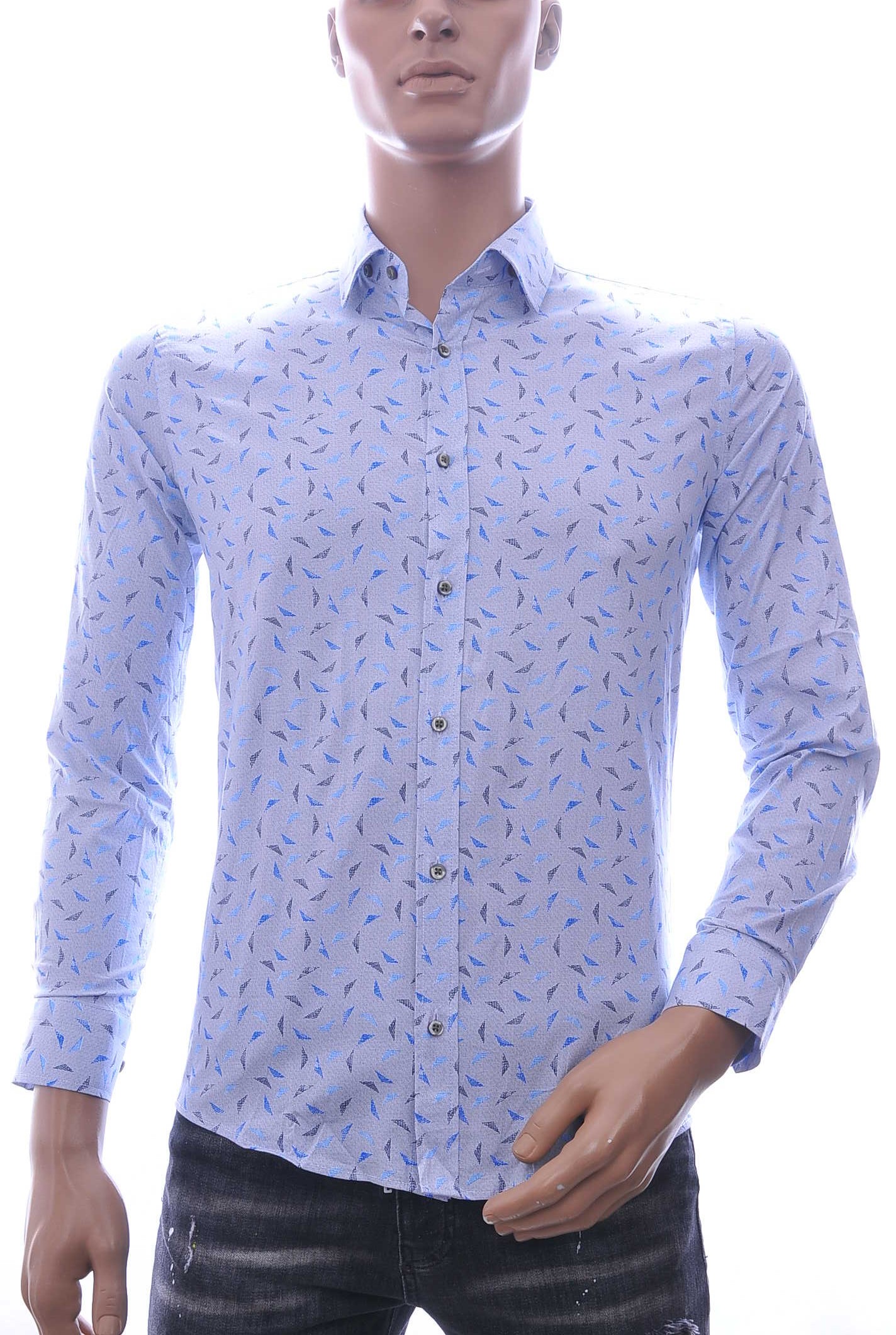 BIBLOS UOMO slim fit allover kleurrijk driehoekjes dessin button down heren overhemd Lichtblauw