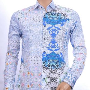 CORRINO Italiaanse allover bloemen motieven heren overhemd Blauw