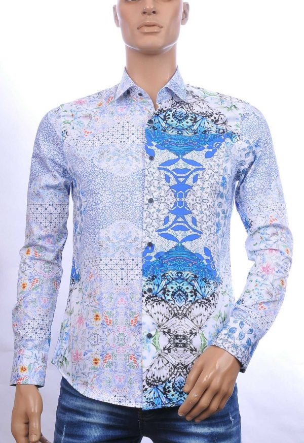 CORRINO Italiaanse allover bloemen motieven heren overhemd Blauw