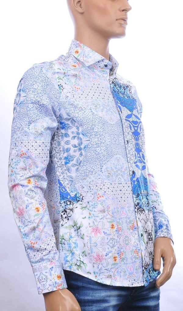 CORRINO Italiaanse allover bloemen motieven heren overhemd Blauw