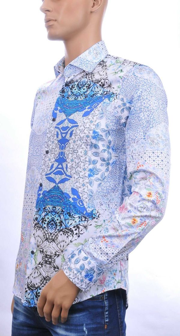CORRINO Italiaanse allover bloemen motieven heren overhemd Blauw