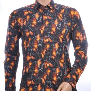 BERZO trendy modern fit allover bloemen dessin heren overhemd Zwart