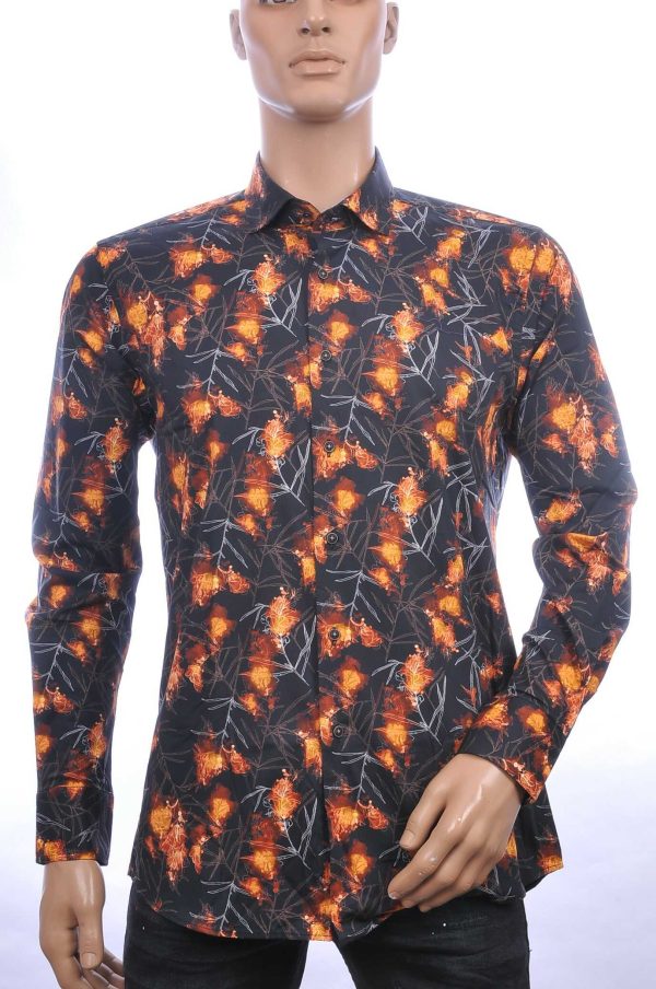BERZO trendy modern fit allover bloemen dessin heren overhemd Zwart