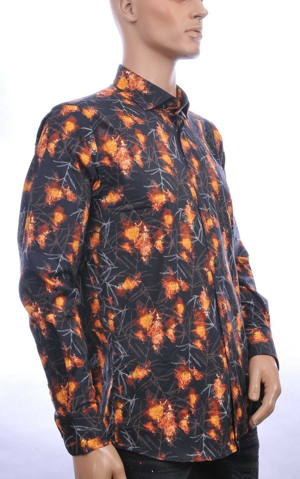 BERZO trendy modern fit allover bloemen dessin heren overhemd Zwart