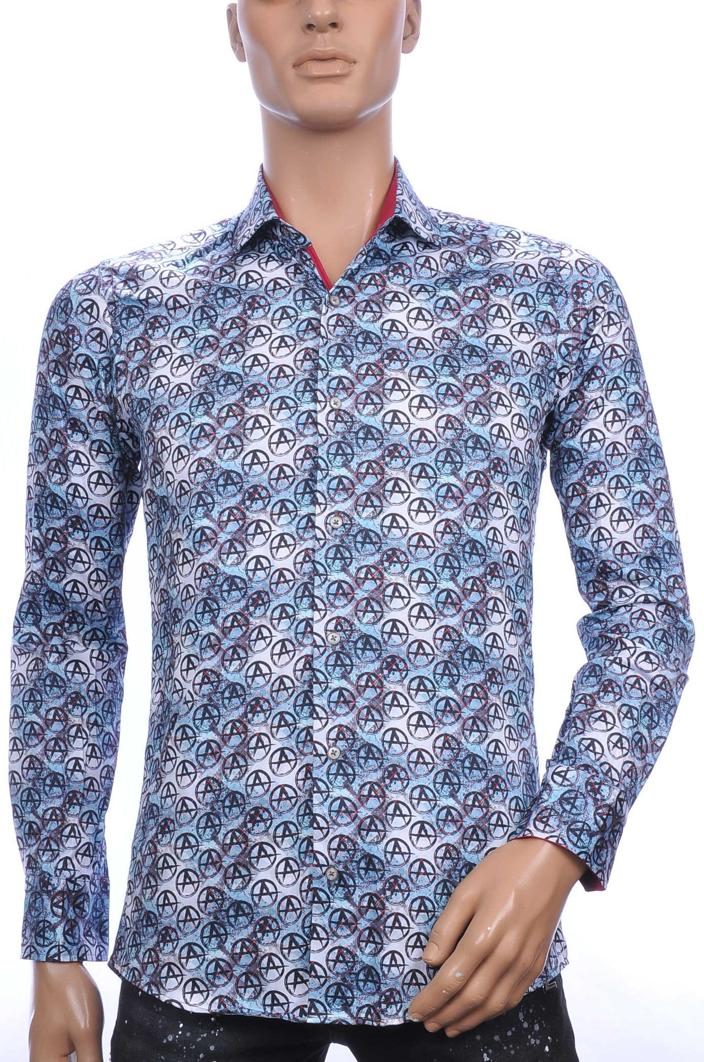 CORRINO Italiaans Modern Fit Heren Overhemd met Allover Anarchie Symbool Motieven – Navy Blauw | Trendy herenoverhemd voor stijlvolle mannen