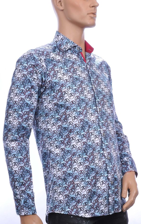 CORRINO Italiaans Modern Fit Heren Overhemd met Allover Anarchie Symbool Motieven – Navy Blauw | Trendy herenoverhemd voor stijlvolle mannen