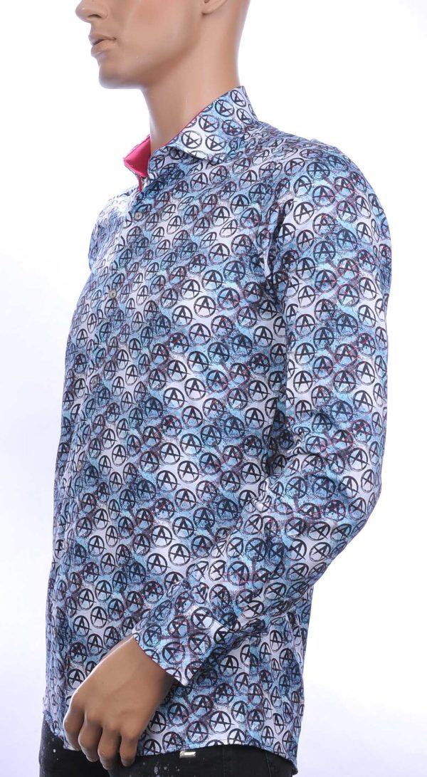 CORRINO Italiaans Modern Fit Heren Overhemd met Allover Anarchie Symbool Motieven – Navy Blauw | Trendy herenoverhemd voor stijlvolle mannen