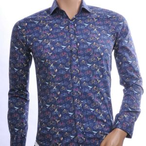BERZO Italiaanse Getailleerde Slim Fit Heren Overhemd met Allover Fiets- en Vogelprint – Navy | Trendy & Comfortabel