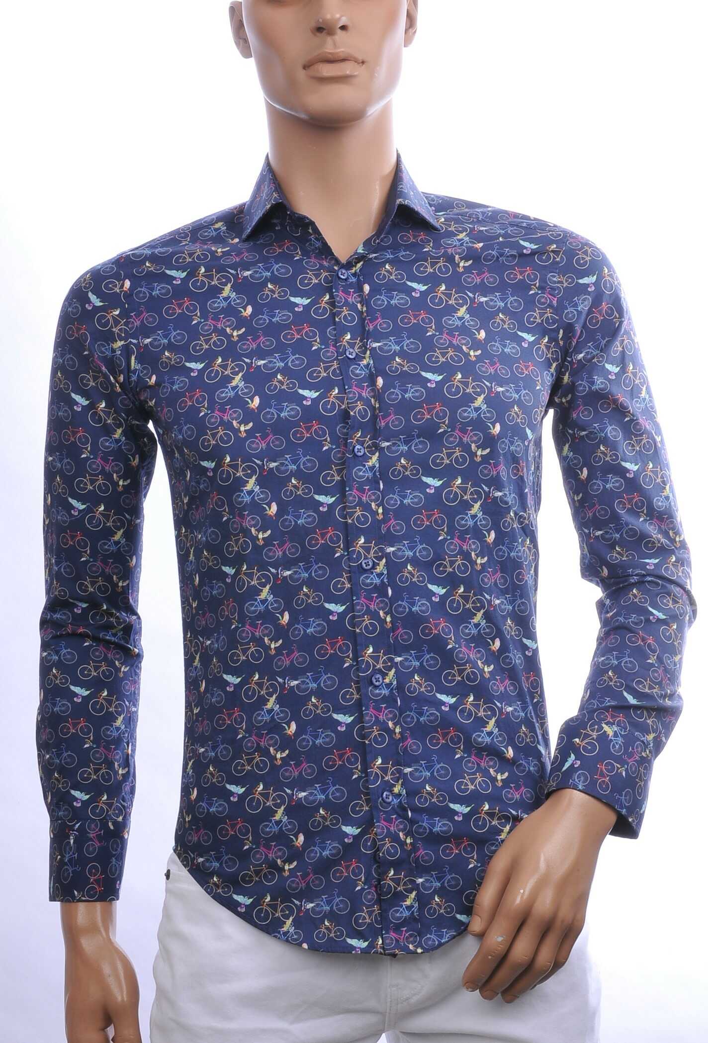 BERZO Italiaanse Getailleerde Slim Fit Heren Overhemd met Allover Fiets- en Vogelprint – Navy | Trendy & Comfortabel