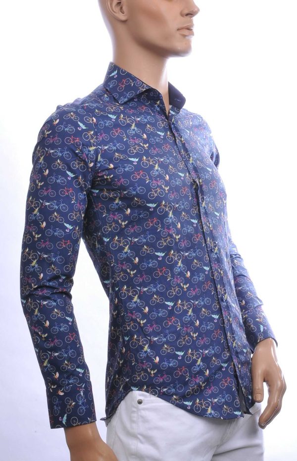 BERZO Italiaanse Getailleerde Slim Fit Heren Overhemd met Allover Fiets- en Vogelprint – Navy | Trendy & Comfortabel