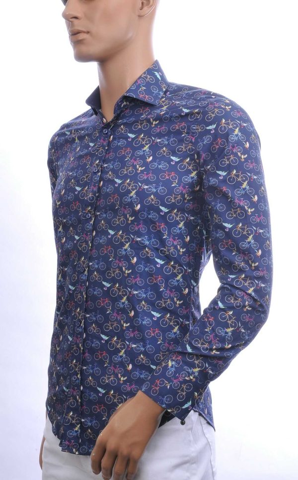 BERZO Italiaanse Getailleerde Slim Fit Heren Overhemd met Allover Fiets- en Vogelprint – Navy | Trendy & Comfortabel