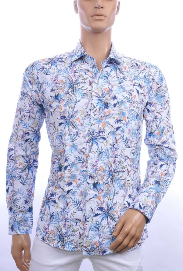 Carter&Davis trendy allover bloemen dessin Italiaans overhemd Blauw