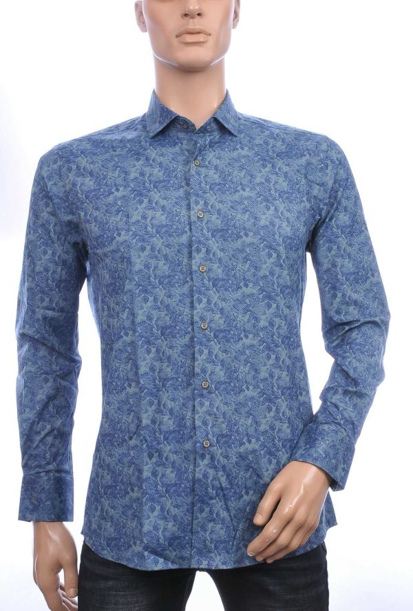 Corrino Italiaans getailleerd slim fit allover bladeren dessin heren overhemd Navy