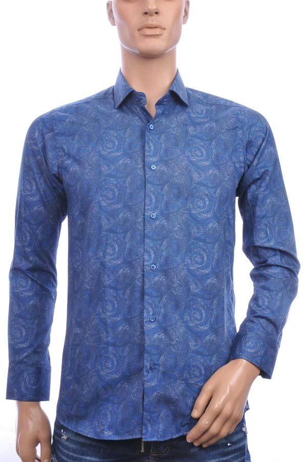 Corrino Italiaanse getailleerd slim fit allover paisley dessin heren overhemd Navy