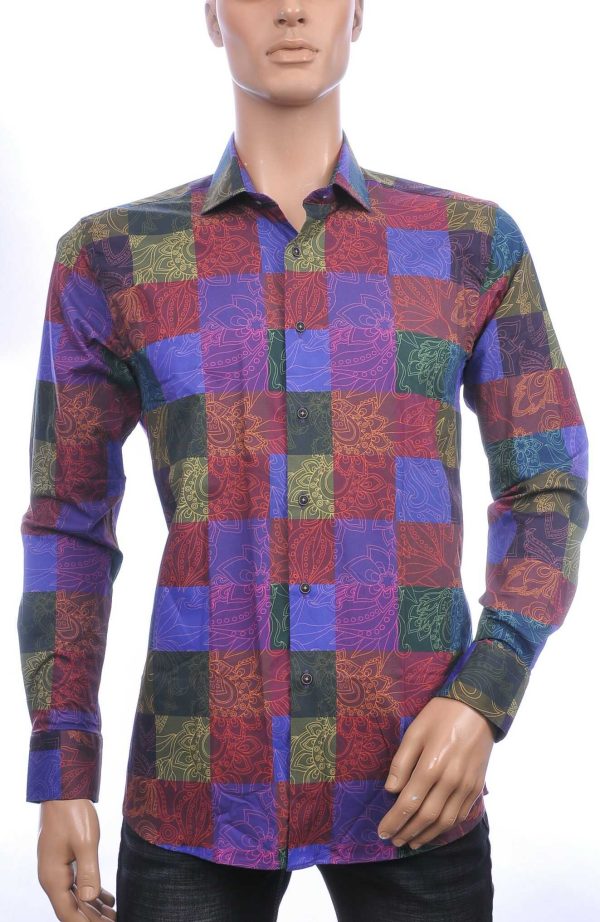 FORTUNATO Italiaans getailleerd slim fit allover blokjes en bloemen dessin heren overhemd Bordeaux