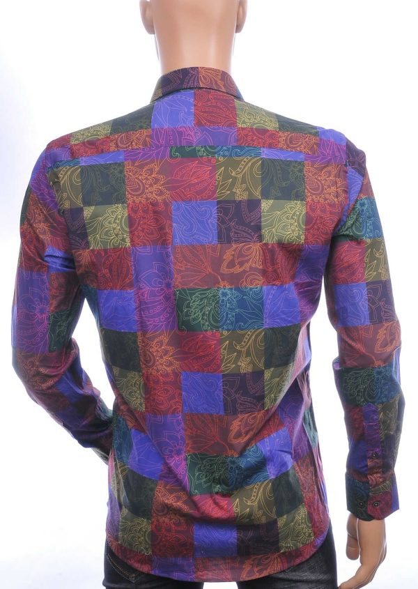 FORTUNATO Italiaans getailleerd slim fit allover blokjes en bloemen dessin heren overhemd Bordeaux